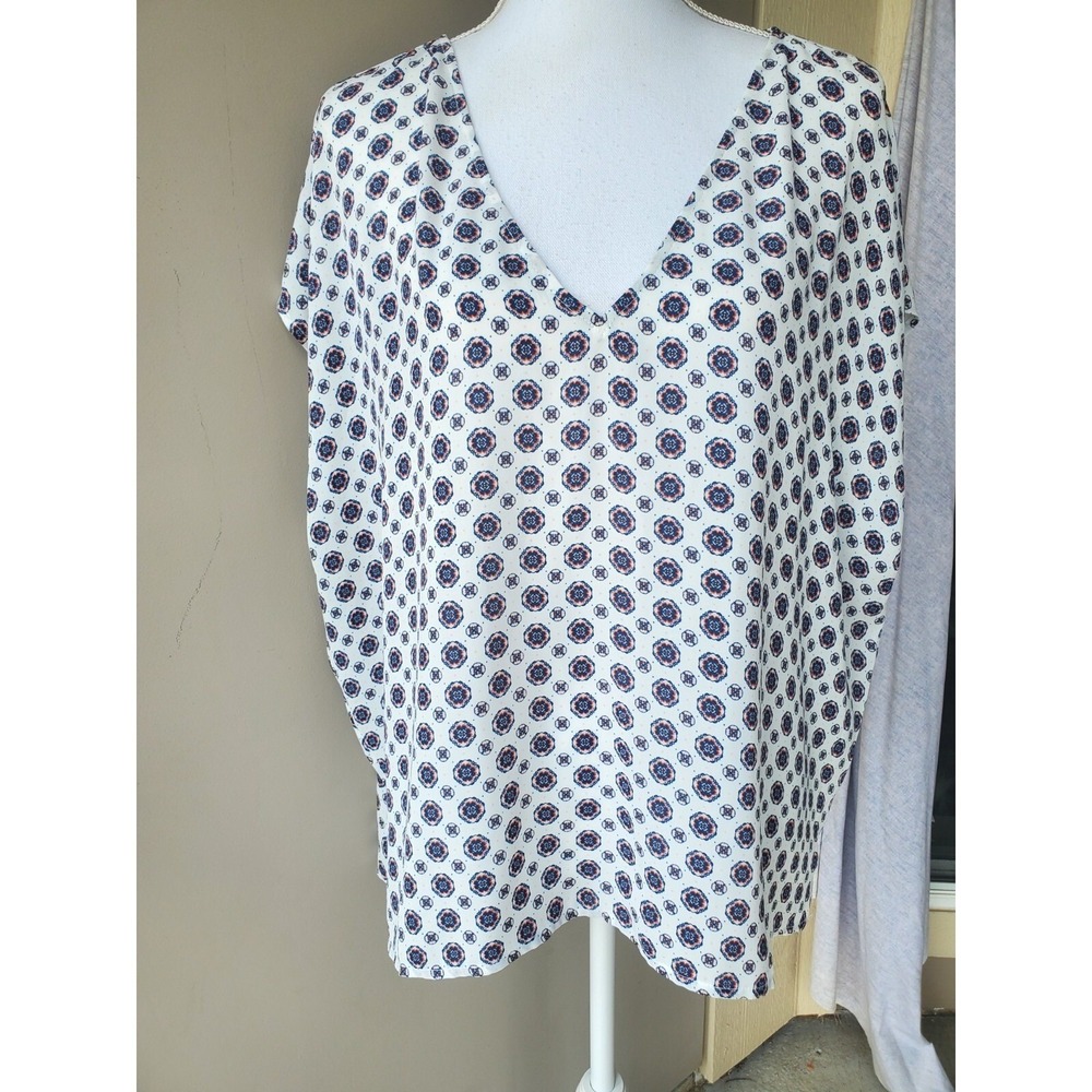 Leith Womens XL V-Neck Dolman Blouse White Navy Orange Medallion Print Boho Top